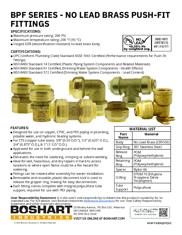 BPF SERIES - BRASS NO LEAD PUSH-FIT FITTINGS