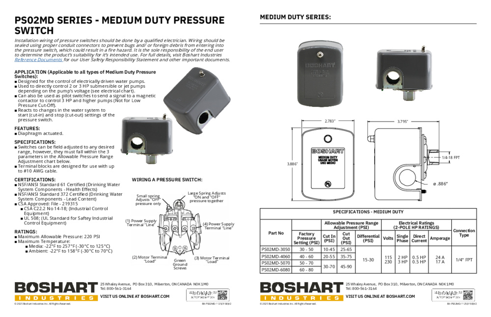 PS02MD SERIES - MEDIUM DUTY PRESSURE SWITCH