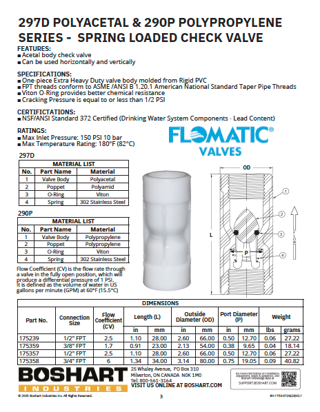 297D POLYACETAL & 290P POLYPROPYLENE SERIES - SPRING LOADED CHECK VALVE