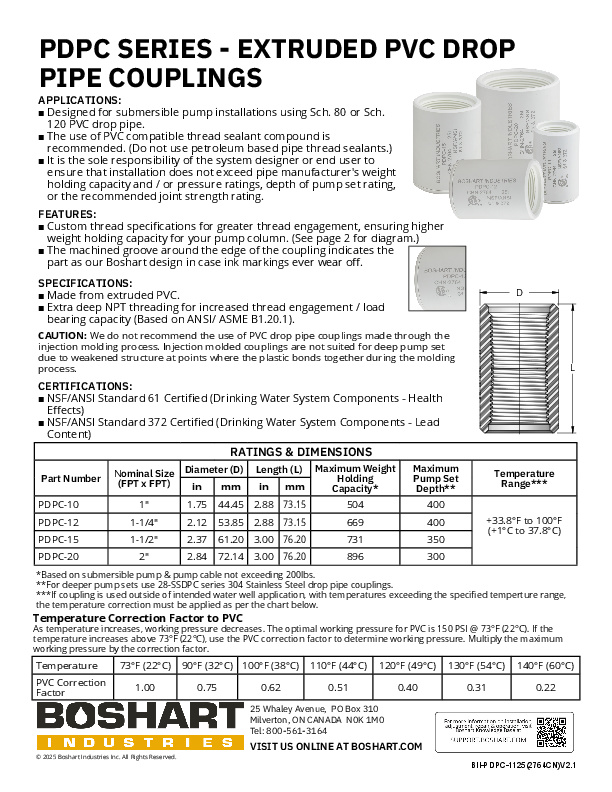 SÉRIE PDPC - RACCORDS DE TUYAUX DE CHUTE EN PVC EXTRUDÉ