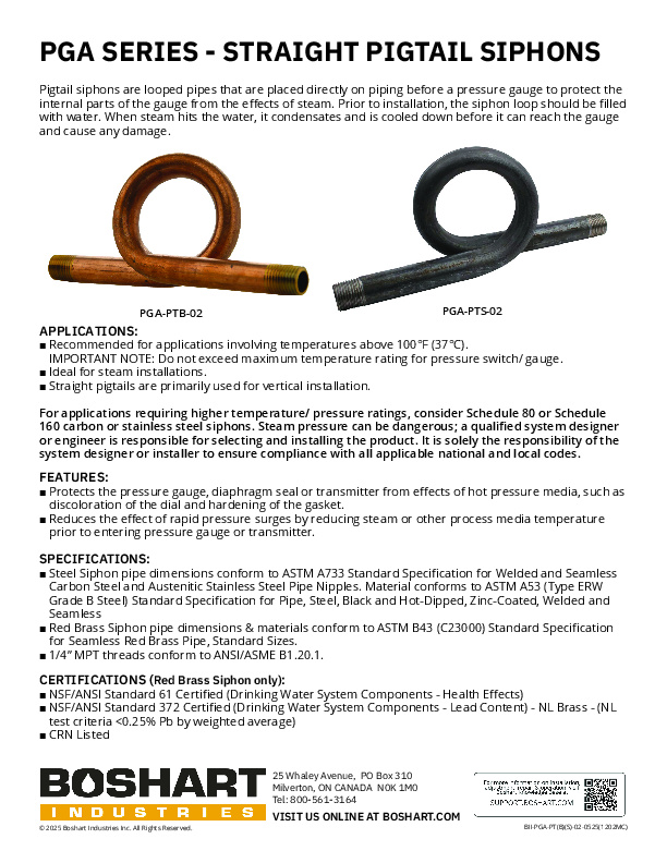 PGA SERIES - STRAIGHT PIGTAIL SIPHONS