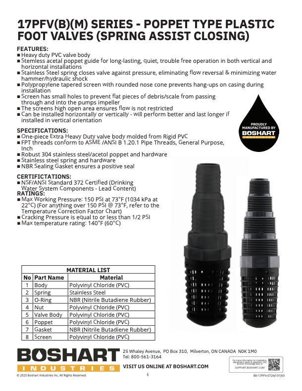 17PFV(B)(M) SERIES - POPPET TYPE PLASTIC FOOT VALVES (SPRING ASSIST CLOSING)