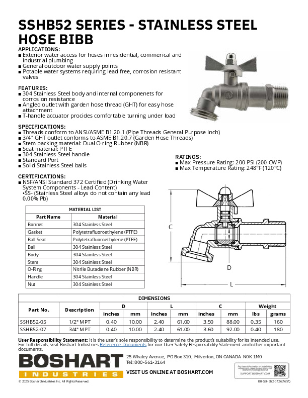 SSHB52 SERIES - STAINLESS STEEL HOSE BIBB