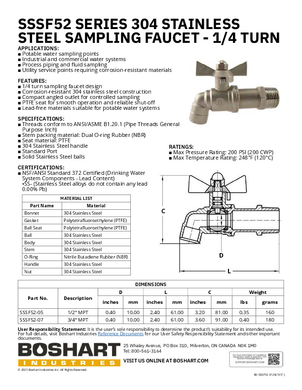 SSSF52 SERIES - 304 Stainless Steel Sampling Faucet