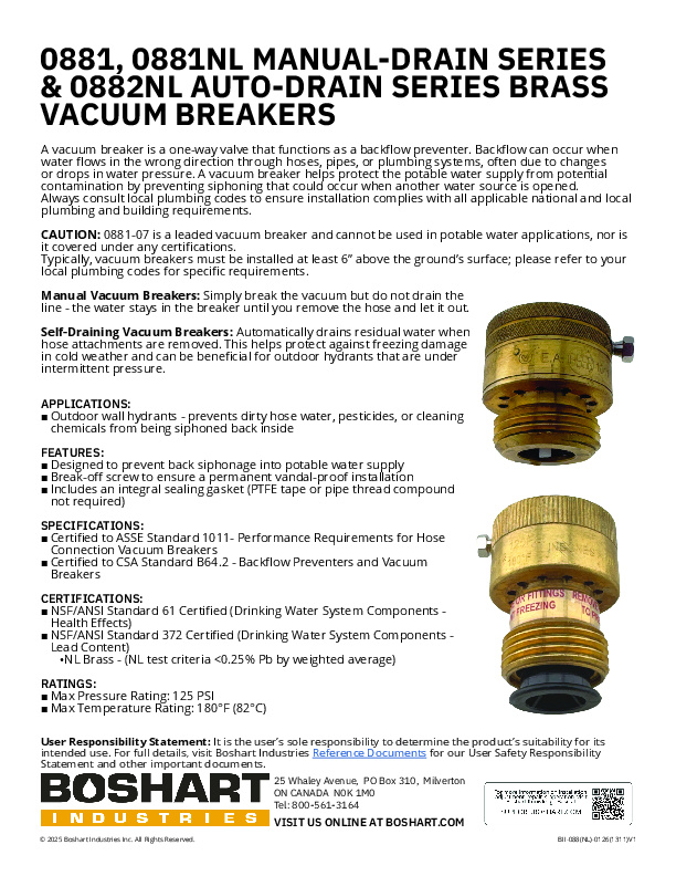 0881, 0881NL MANUAL-DRAIN SERIES & 0882NL AUTO-DRAIN SERIES BRASS VACUUM BREAKERS